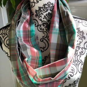 Hand made infinity scarf, pink and green plaid pattern, cotton material.