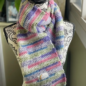 Hand crocheted scarf, winter scarf, handmade, multicolored pastels, acrylic yarn, machine washable, SOFT!