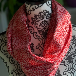 Hand made infinity scarf, flower design on red flannel fabric, super soft!
