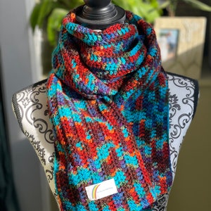 Hand crocheted scarf, winter scarf, handmade, blues, red, purple, orange, and brown, low pill, acrylic yarn, machine washable