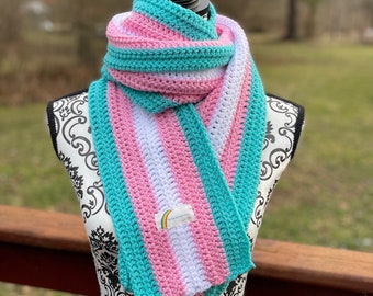 Transgender pride scarf, pride scarf, hand crocheted, winter scarf, handmade, 100% acrylic yarn, super soft! Two styles!