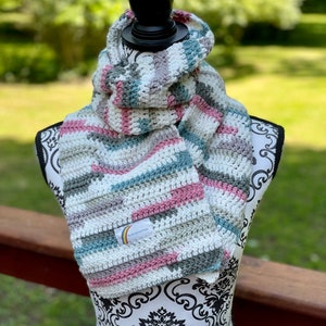 Hand crocheted scarf, winter scarf, handmade, white, grays, pink, and blue, low pill, acrylic yarn, machine washable