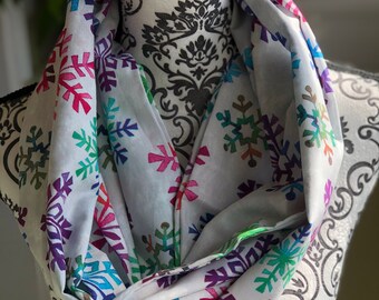 Hand made infinity scarf, rainbow snowflakes pattern, cotton material.
