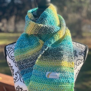 Hand crocheted scarf, winter scarf, handmade, multicolored acrylic yarn in green, blue, and yellow, machine washable, SOFT!