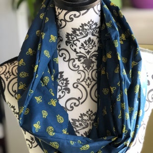 Hand made infinity scarf, navy blue with yellow bees and ladybugs, cotton material.