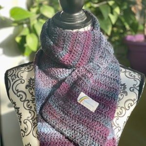 Hand crocheted scarf, winter scarf, handmade, multicolored purples, acrylic yarn, machine washable, SOFT!