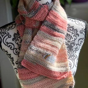 Hand crocheted scarf, winter scarf, handmade, multicolored in pinks, gray, and cream, acrylic and alpaca wool blend, very soft!