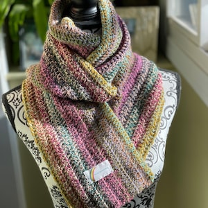 Hand crocheted scarf, winter scarf, handmade, multicolored, low pill, acrylic yarn, machine washable and dryable