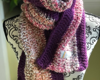 Hand crocheted scarf, winter scarf, handmade, purple multicolored, soft acrylic yarn, machine washable