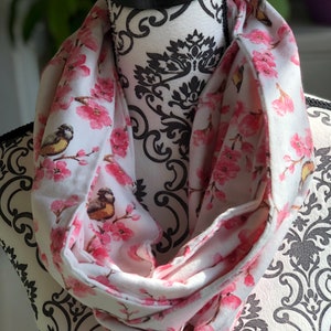 Hand made infinity scarf, pink flowers and bird design, flannel fabric, super soft!