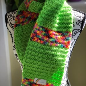 Hand crocheted scarf, winter scarf, handmade, green with different colored stripes, acrylic yarn, machine washable, soft!