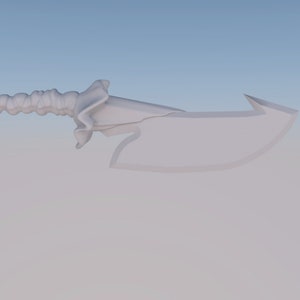 Pode incluir: Uma adaga branca de design intrincado com uma lâmina curva e um cabo detalhado.