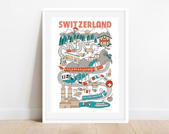 Landkarte Schweiz | illustrierte Landkarte | Karte drucken | Reise Illustration | Schweiz Kunst | handgezeichnete Landkarten | Karte Kunst Geschenke