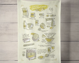 Illustrated lemon drizzle cake recipe | kitchen gift | housewarming gift | tea towel | made in the uk
