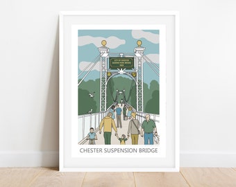 Chester suspension bridge art print | Chester bridge Illustration | travel illustration Chester | Chester art | travel poster gift