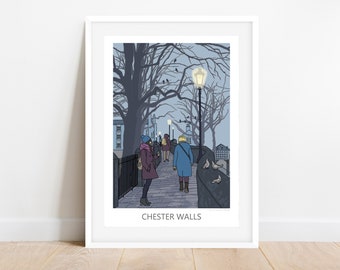 Chester Wände Kunstdruck | Chester Wände Illustration | Reiseillustration Chester | Chester Kunst | Reise Poster Geschenk