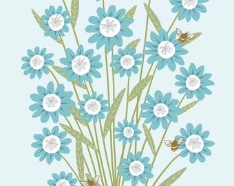 Blue flowers and bees | flowers print | living room art | bedroom art |  flowers print | floral print  | digital print