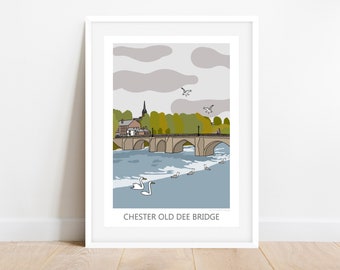 Chester Old Dee Bridge Kunstdruck | Chester Old Dee Bridge Illustration | Reiseillustration Chester | Chester Kunst | Reise Poster Geschenk