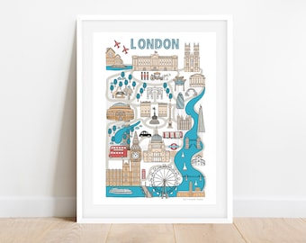 Karte von London | illustrierte Landkarte | Kartendruck | Reise Illustration | London Kunst | handgezeichnete Karten | Karte Kunst Geschenke