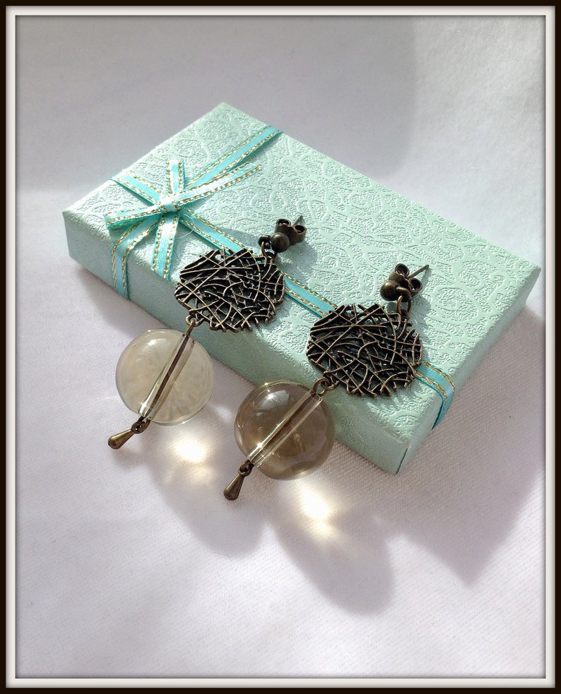 Boho/&Hippie earrings Bronze color metal Ethnic style Semiprecious stone Pendant earrings Ethnic jewelry Bijouterie Ball quartz beads