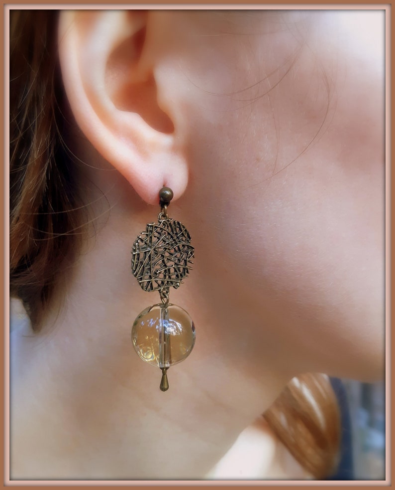 Boho/&Hippie earrings Bronze color metal Ethnic style Semiprecious stone Pendant earrings Ethnic jewelry Bijouterie Ball quartz beads