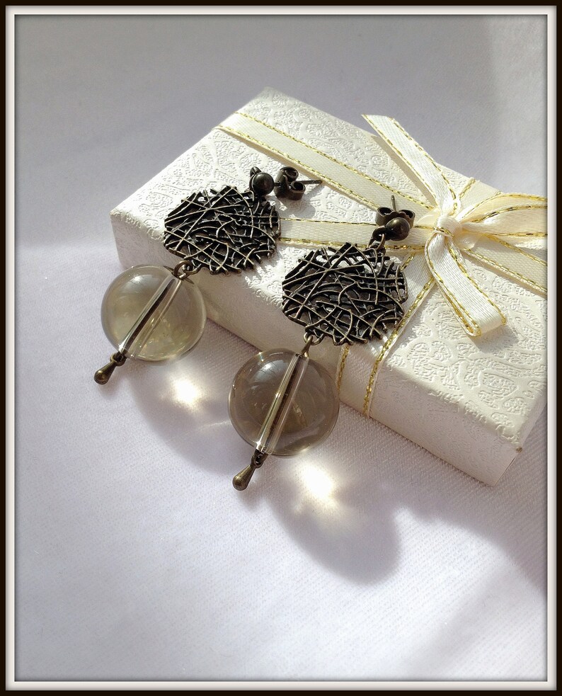 Boho/&Hippie earrings Bronze color metal Ethnic style Semiprecious stone Pendant earrings Ethnic jewelry Bijouterie Ball quartz beads