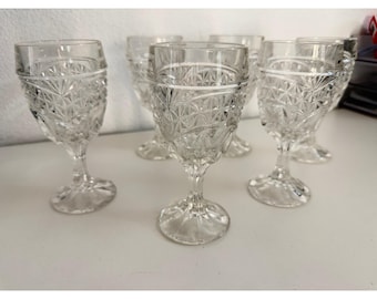 Vintage Cut Crystal Wine Goblets Set of 6 Diamond Starburst Pattern Clear Glass