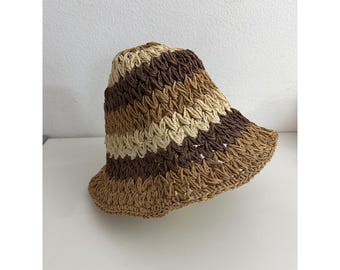 Striped Crochet Bucket Hat Boho Straw Sun Hat Brown Tan Cream Summer Festival