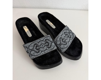 Bisou Bisou Vintage Y2K Platform Slide Sandals Paisley Tapestry Black Grey Wedge