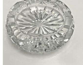Vintage Cut Crystal Glass Ashtray Round Starburst Diamond Pattern Clear Heavy
