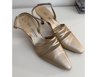 St. John Womens Champagne Gold Satin Mesh Slingback Pumps Heels Made in Italy 7B