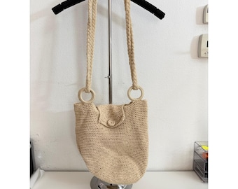 Boho Beige Crochet Shoulder Bag Braided Rope Strap Summer Beach Tote Neutral