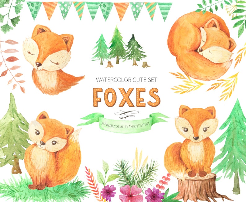 Watercolor Woodland Fox Animal Clipart. Forest Creatures | Etsy