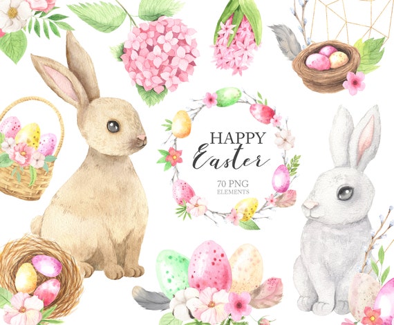 Easter Bunny basket Watercolor Easter clipart Easter wreath