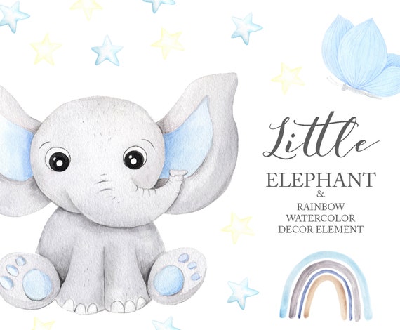 Watercolor Elephant Clipart Baby Boy Elephant And Blue Rainbow Butterfly And Decor Clip Art Baby Shower