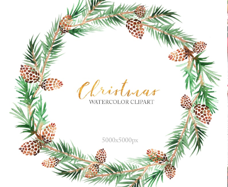 Watercolor Pine Wreath Clipart. Christmas Woodland rustic | Etsy