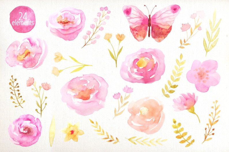 Delicate florals and butterfly Watercolor Flowers Pink Clipart digital for instant download wedding ivitation set PNG files DIY 9