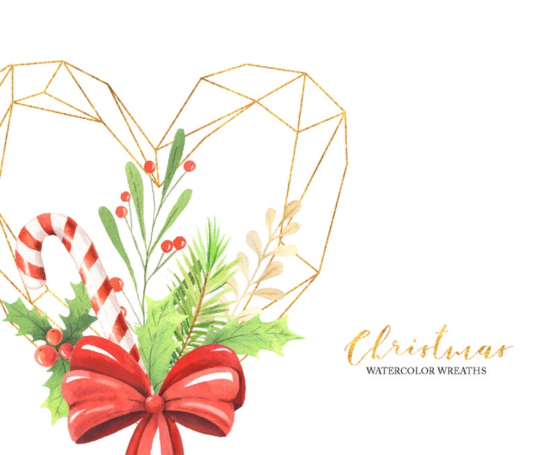 Watercolor Christmas Floral wreath PNG clipart New year Holiday gold geometric flowers frame clip art Merry Christmas wedding set 138