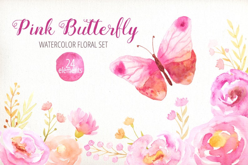 Delicate florals and butterfly Watercolor Flowers Pink Clipart digital for instant download wedding ivitation set PNG files DIY 9