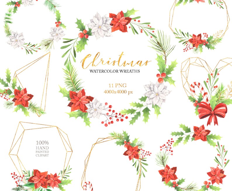 Watercolor Christmas Floral wreath PNG clipart New year Holiday gold geometric flowers frame clip art Merry Christmas wedding set 138