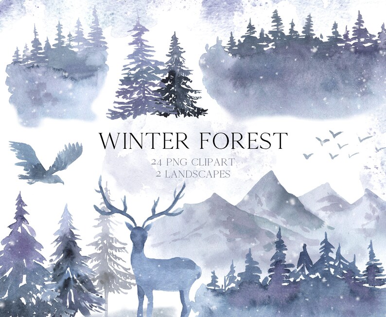 Winter Forest Tree Clipart Watercolor Woodland Pine Trees Etsy
