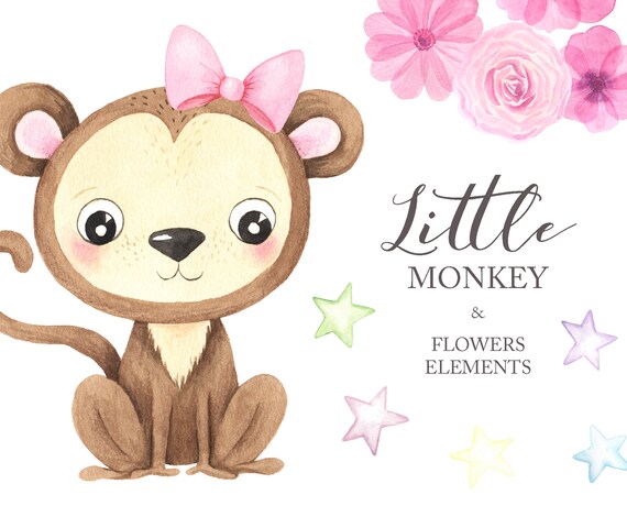 Watercolor Monkey Clipart Cute Baby Girl Monkey And Pink Etsy