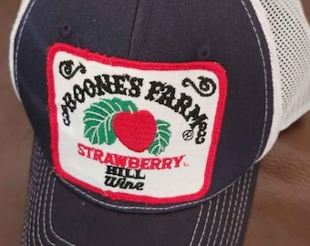 Truckers Hat Snapback Boones Farm Strawberry Hill Navy & White Mesh Cap Vintage Square Patch Trending Gift