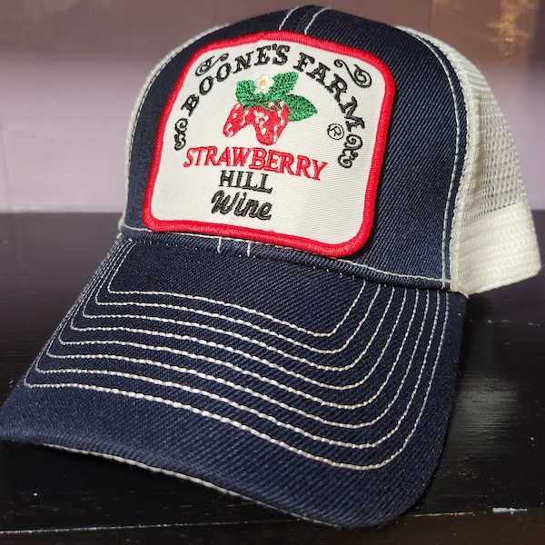 Trending Retro Boone's Farm Strawberry Hill Truckers Hat Snapback Mesh Cap Vintage Square Patch Wine BOONES bottle drinking Party 80's Wine