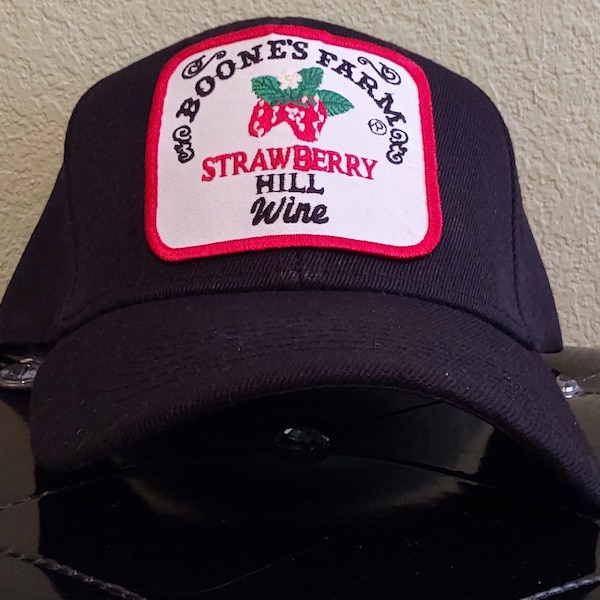 Boone's Farm Strawberry Hill Black Hat Adjustable Velcro Truckers Baseball Cap with Vintage Patch