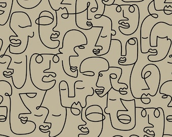 Printable Dollhouse Wallpaper - Abstract Faces - Black & Tan - 1:12 1/6 Miniature Scale - Digital Download