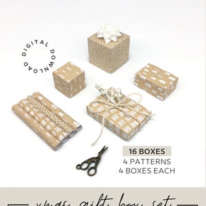 Miniature Christmas Gift Box & Wrapping Paper Printable - Scandi Kraft Paper Xmas Gift Wrap- 1:12 1/6 Dollhouse Decor - Digital Download