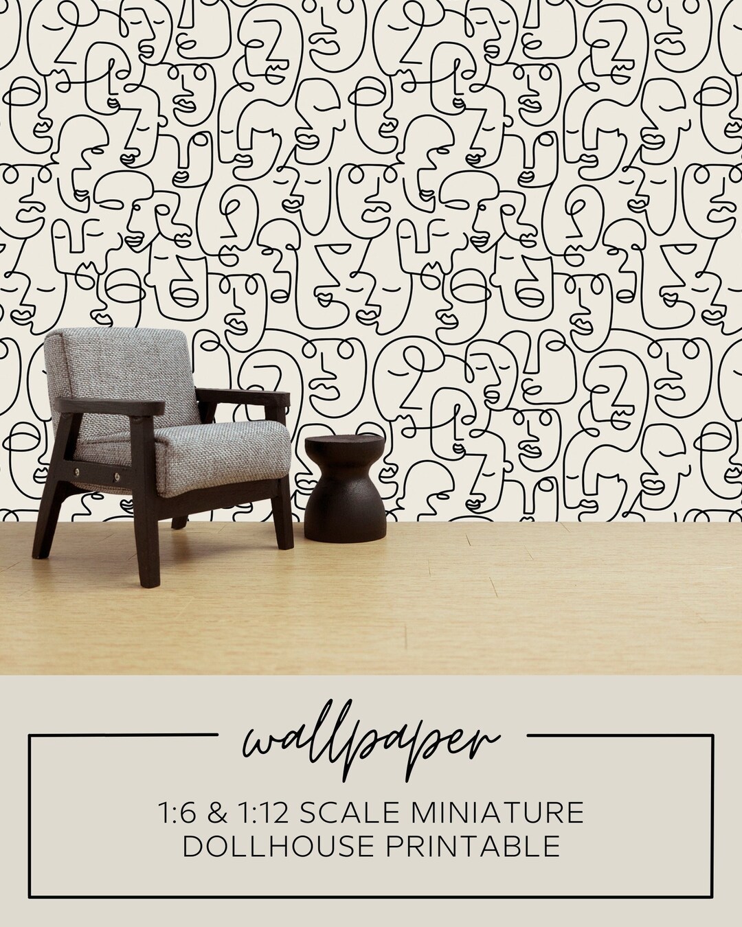 Miniature Printable Abstract Face Wallpaper - Black & Beige - 1:12 1/6 ...