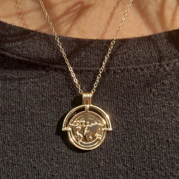 World Traveller Necklace, Gold Filled Layering Necklace, World Map Necklace, Globetrotter Pendant Necklace