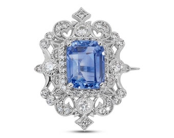 Dazzling 18k White Gold Brooch w/ 5.65 ct Sapphire and Natural Diamonds GIA Certificate